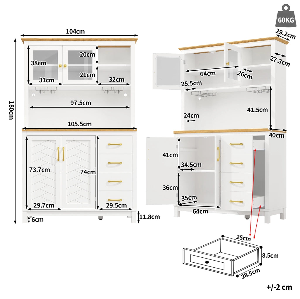 Credenza da cucina con LED, 105,5x40x180 cm, bianca
