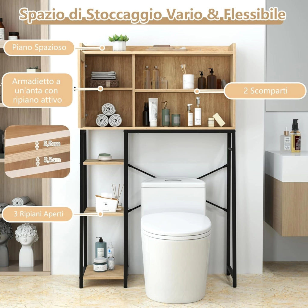 Scaffale Bagno 139cm sopra WC, Mobile Bagno Salvasapzio con Porta in Rattan PE, Ripiani di Stoccaggio Aperti e Supperto in Metallo, Organizzatore sopra Gabinetto, Nero e Marrone