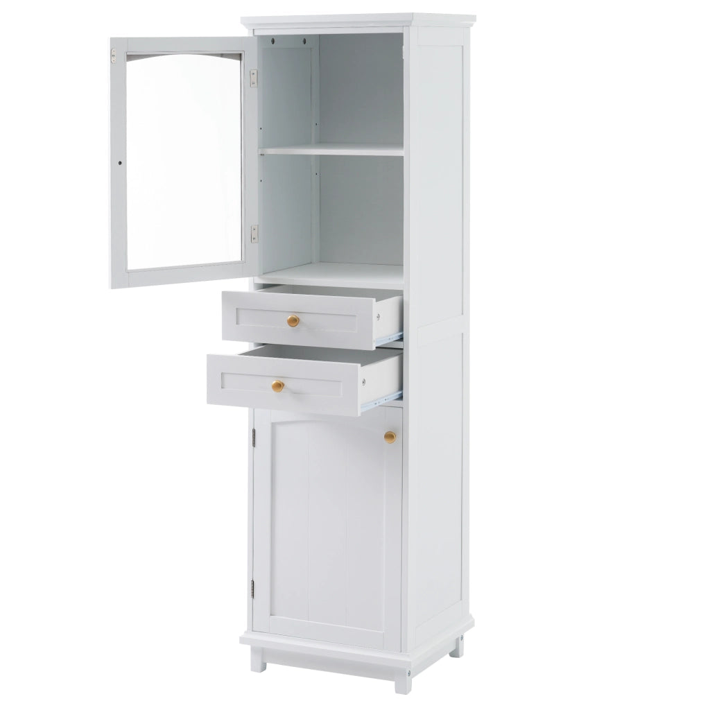 Armadio da bagno in MDF e vetro, 45 x 36 x 160 cm, bianco, con 2 cassetti e ripiani regolabili