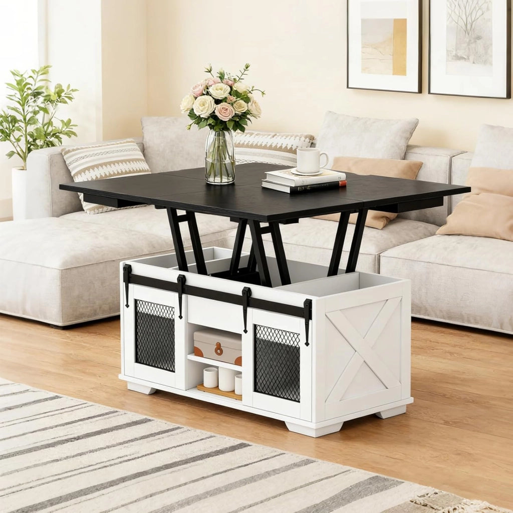 Tavolino da Caffè Sollevabile, Tavolini Salotto Moderno con 3 Vani Nascosti, 2 Ante Scorrevoli, Piano Sollevabile, Carico 75 KG, Tavolo per Salotto, Ufficio, 105 X 108 X 66,5 CM (Nero)