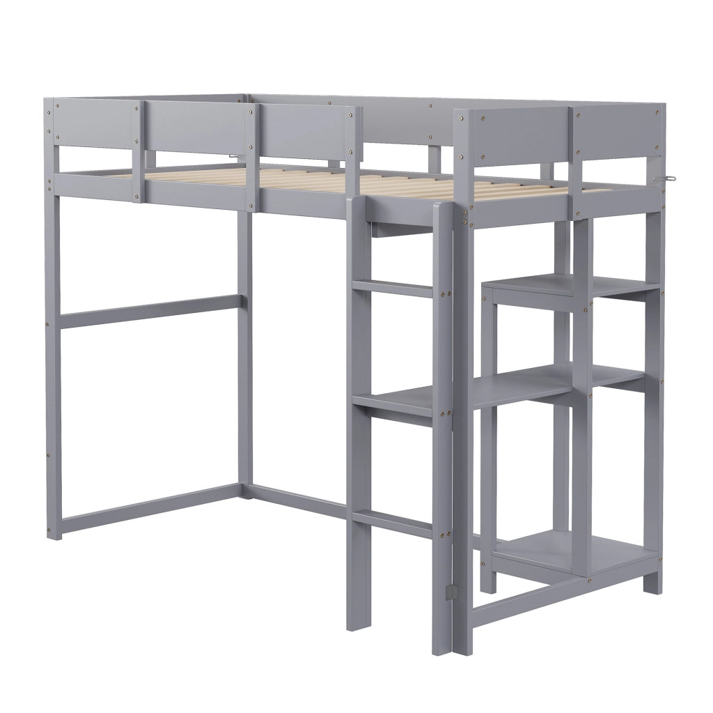Letto a soppalco 90x200 cm con ripiano; in legno massello di pino; grigio