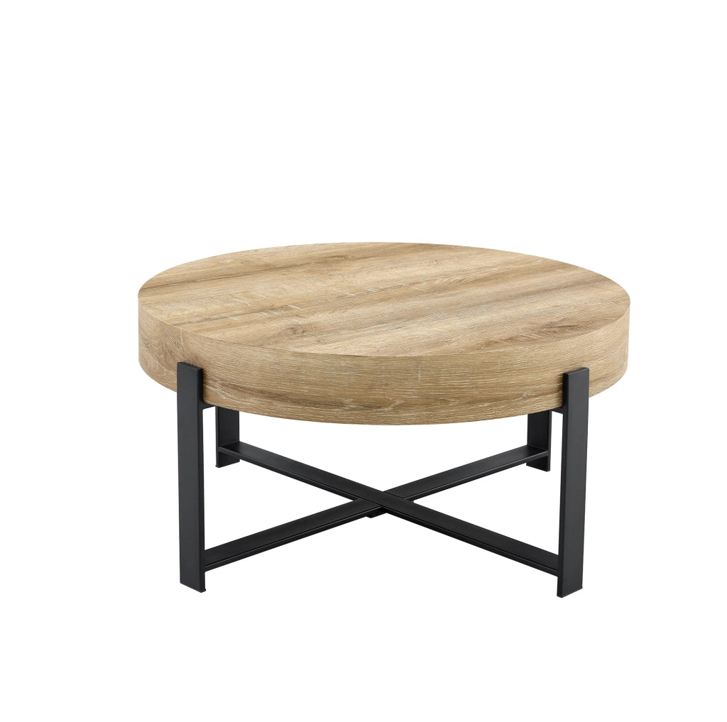 Tavolino da caffè rotondo ?68 cm in MDF e metallo nero; effetto legno