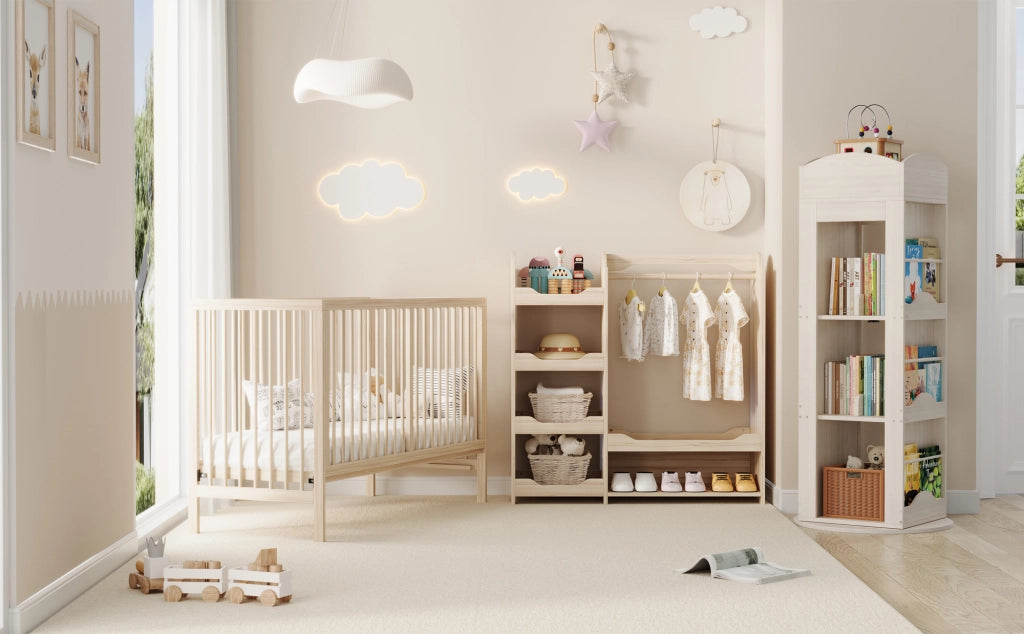 Armadio modulare aperto per bambini con asta appendiabiti e 4 ripiani, in MDF, naturale, 110 × 39 × 110 cm