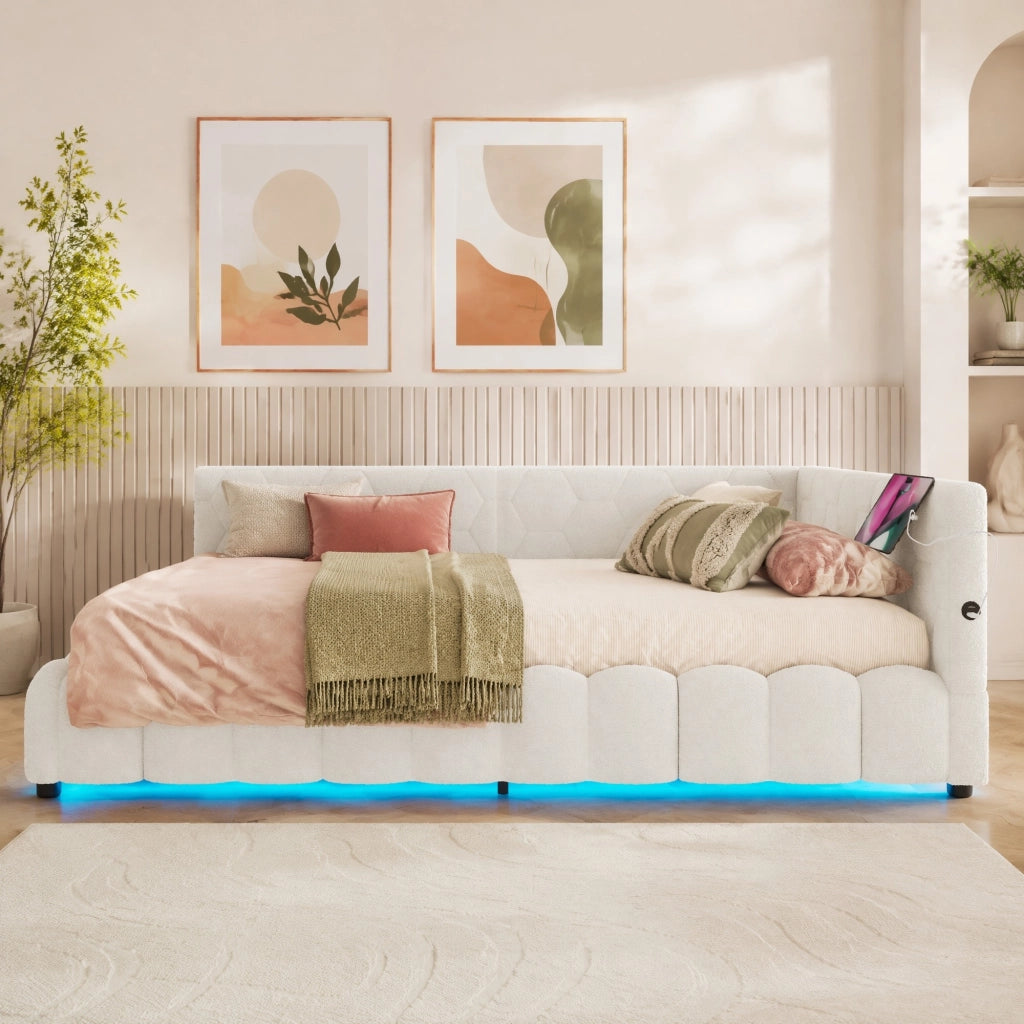 Letto daybed 140x200 cm con contenitore; LED; USB e Type-C; bianco