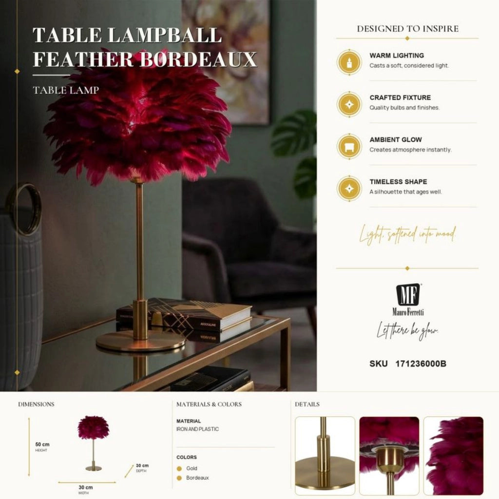 Lampada da tavolo Ball Feather Bordeaux con sfera di piume e stelo oro