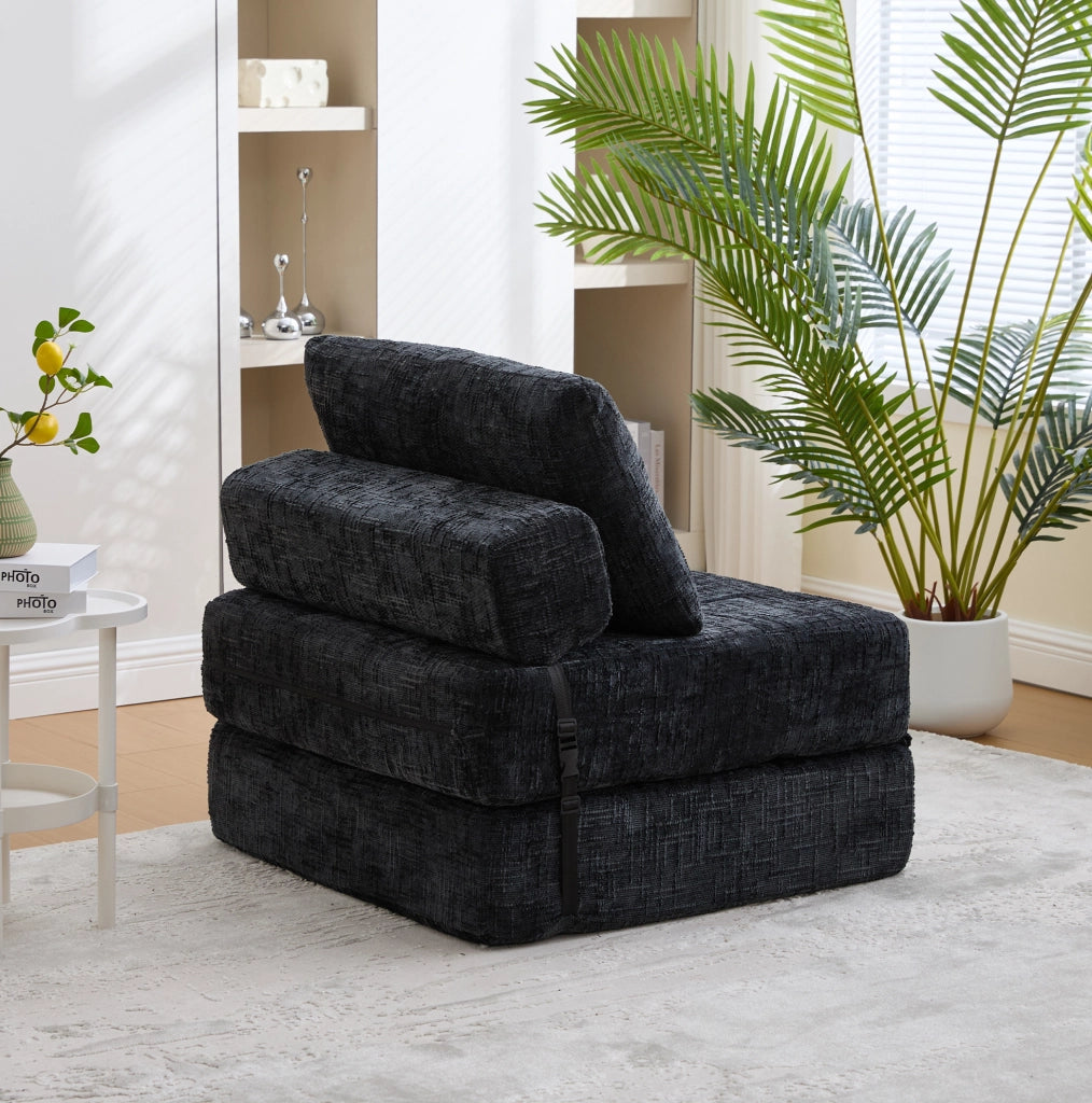 Divano letto pieghevole ULEVR 79x79x57 cm con cuscini per testa e zona lombare, ciniglia nera