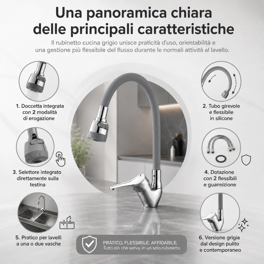 Rubinetto Cucina Doccetta 2 Getti Tubo Girevole Flessibile Silicone  Grigio