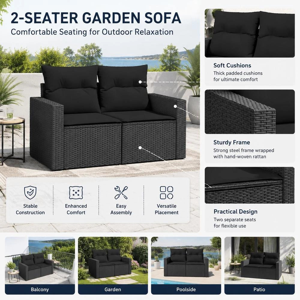 Garden Sofa With Cushions 2-seater Black Poly Rattan