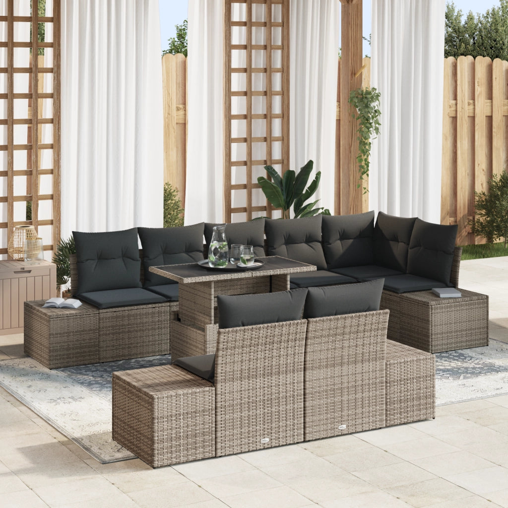 Set da giardino 9 pezzi con cuscini Grigio Rattan