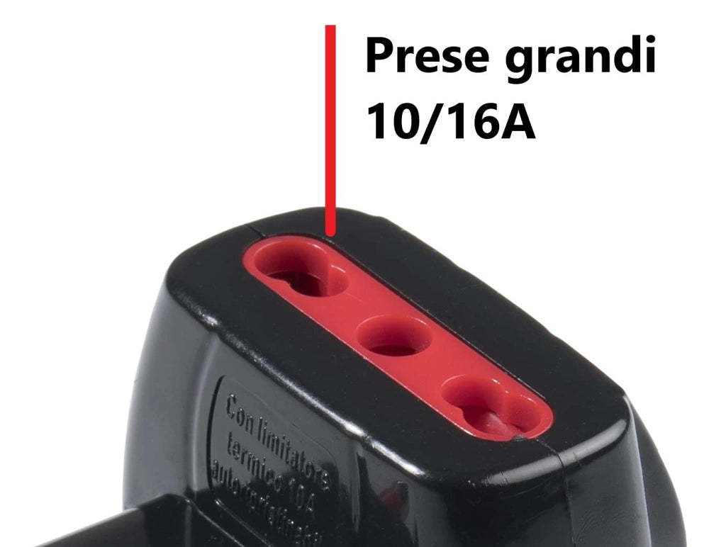 Adattatore Triplo con Protezione Prese 10 e 16 A 2P con T Colore Nero