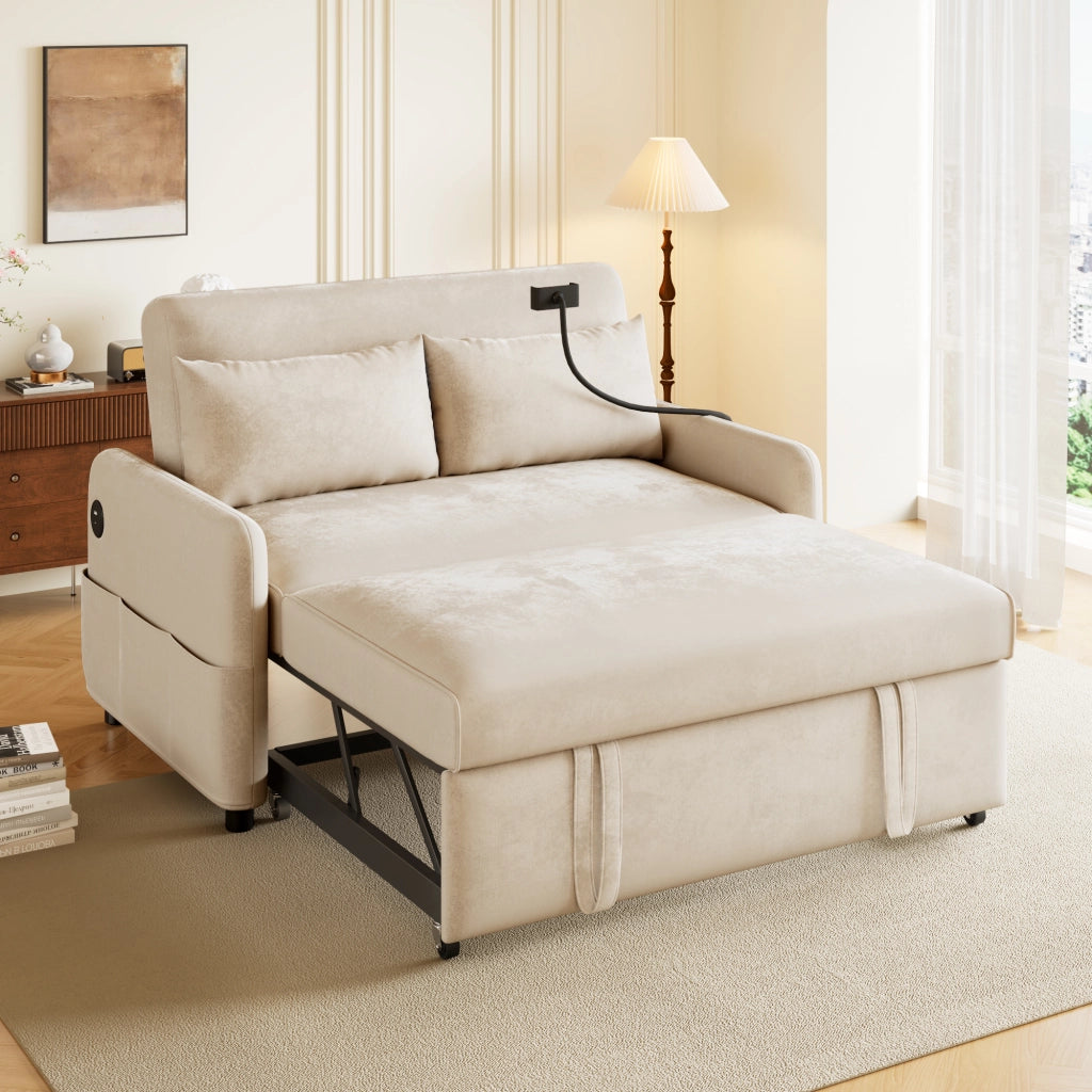 DIVANO LETTO Estraibile 129x163 cm Ciniglia Beige con USB e supporto telefono