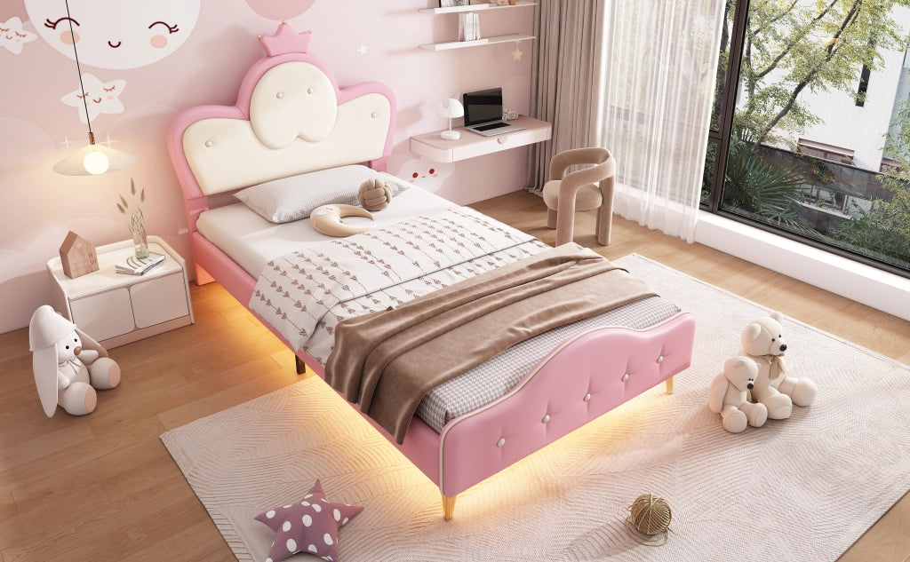 DESMIU Letto per bambini 1 posto con LED e bordi imbottiti 90 × 200 cm, senza materasso, in PU, rosa e bianco