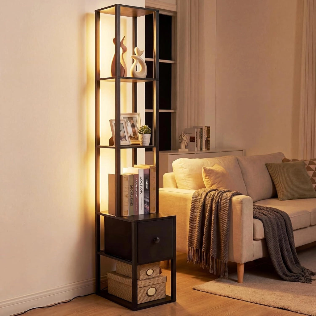 Lampada da Terra, Piantana da Terra con Cassetto, Ripiani, Luminosità Regolabile e Tubi Luminosi Ruotabili 360° Lampada a Stelo per Soggiorno, Camera da Letto e Studio