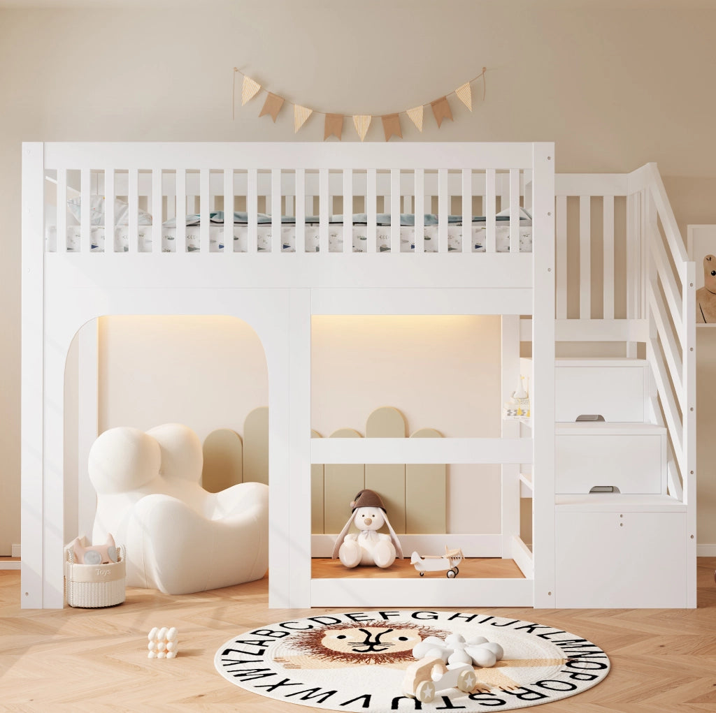 Letto a soppalco multifunzione per bambini 90 x 200 cm con scala contenitore e LED; bianco
