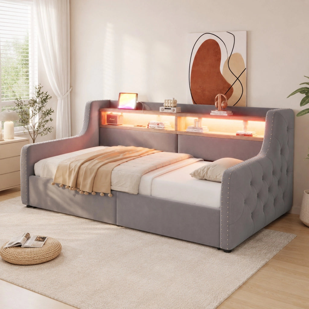 Divano letto imbottito 90 x 200 cm con contenitore idraulico, LED, presa USB e tipo C, velluto, Grigio chiaro