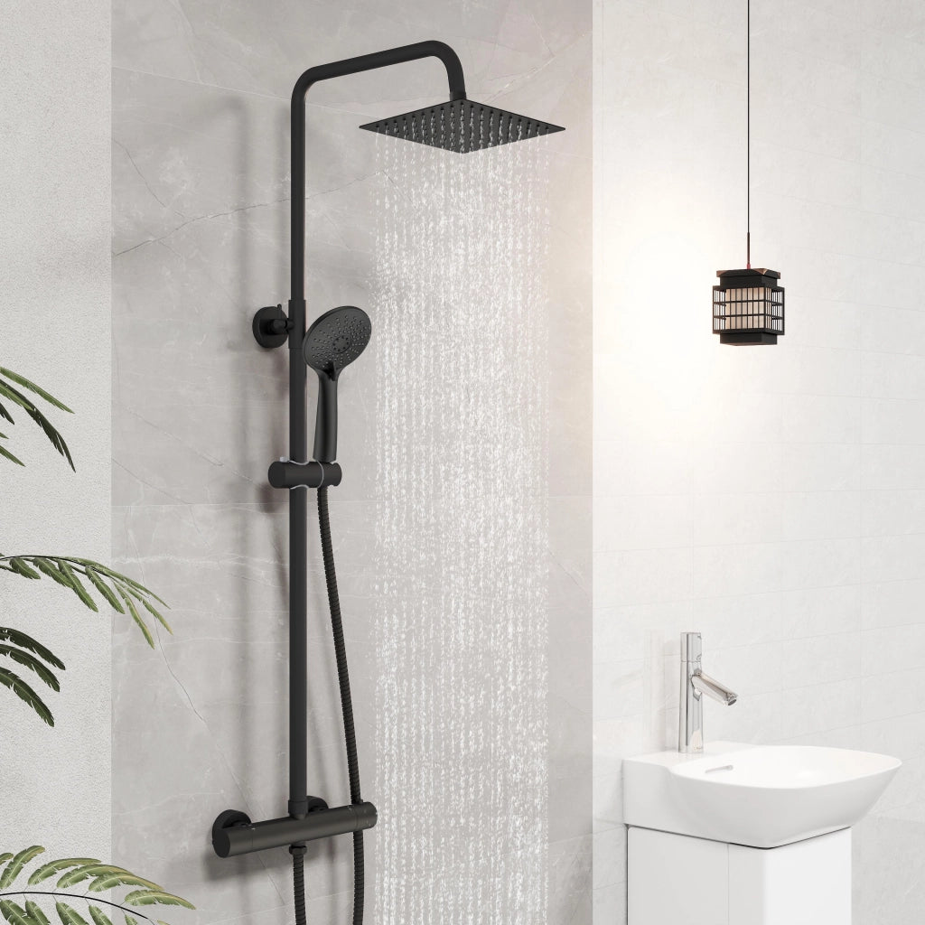 Colonna doccia con miscelatore, kit completo di doccia a pioggia, soffione doccia 20 x20 cm e doccetta 3 getti, asta doccia, nero