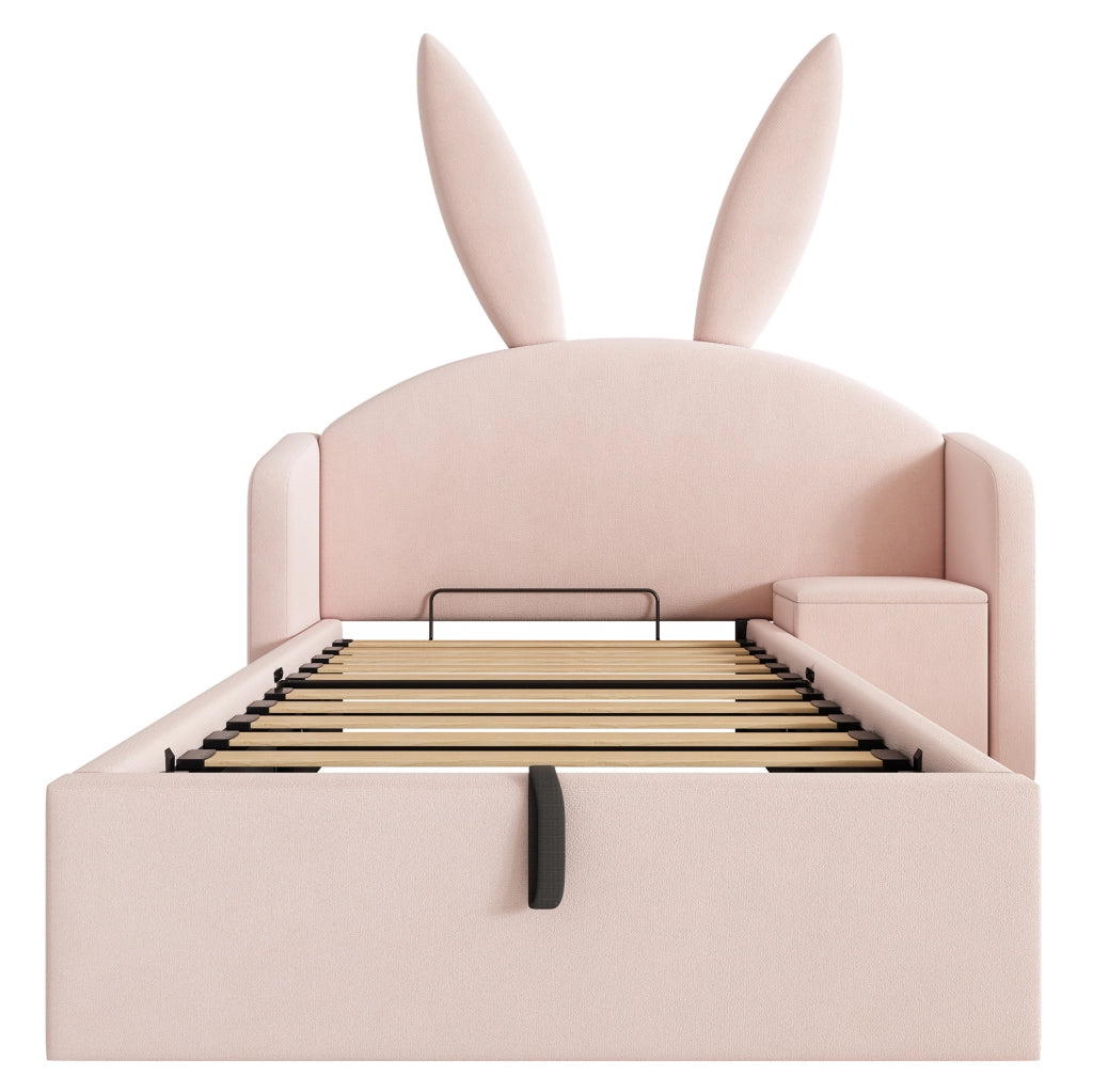 Letto imbottito per bambini 90x200 cm in velluto rosa con comodino contenitore e rete a doghe