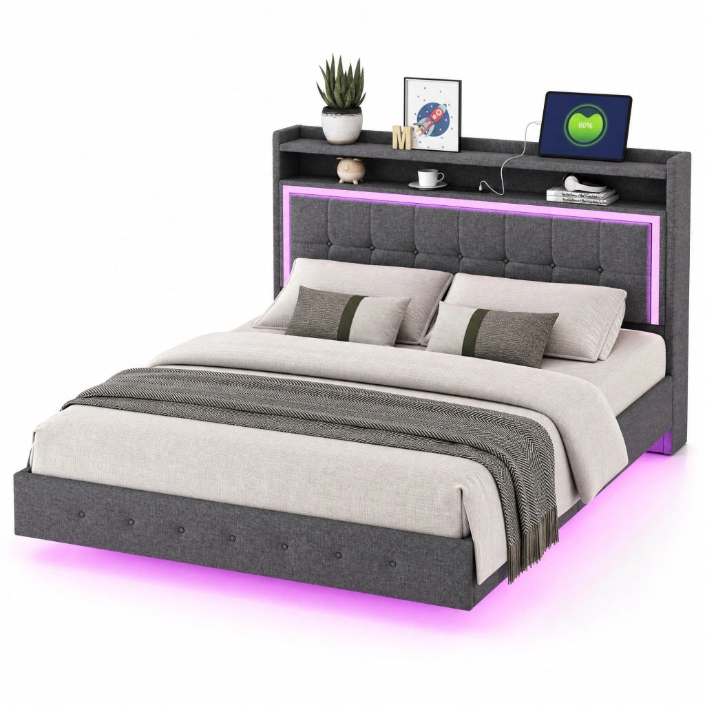 Letto imbottito 140x200 con USB e luci LED; piedi nascosti; grigio