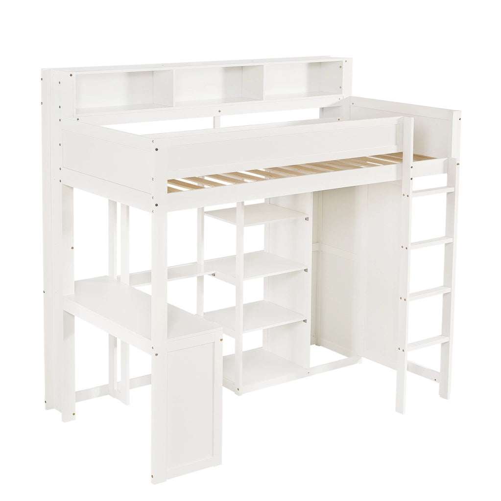 Letto a castello ULEVR 90x200 cm con scrivania, armadio, ripiani e scala a 4 gradini, bianco