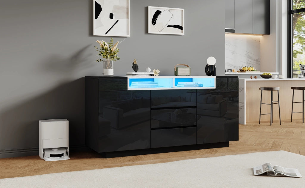 Credenza soggiorno nera 140 cm mobile buffet lucido con LED e cassetti