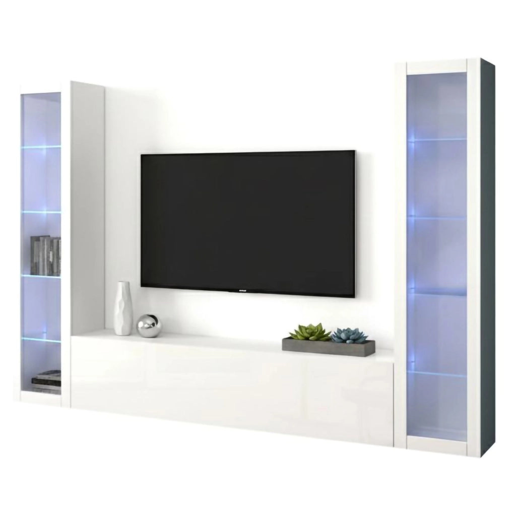 Mobile Soggiorno Leda, Parete Attrezzata 9 Ripiani Made in Italy, 260x30x180h cm Bianco Lucido
