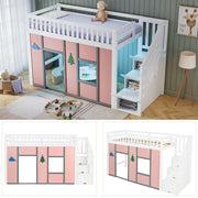 Letto rialzato per bambini 90x200 cm con scala contenitore; area gioco e LED; bianco e rosa