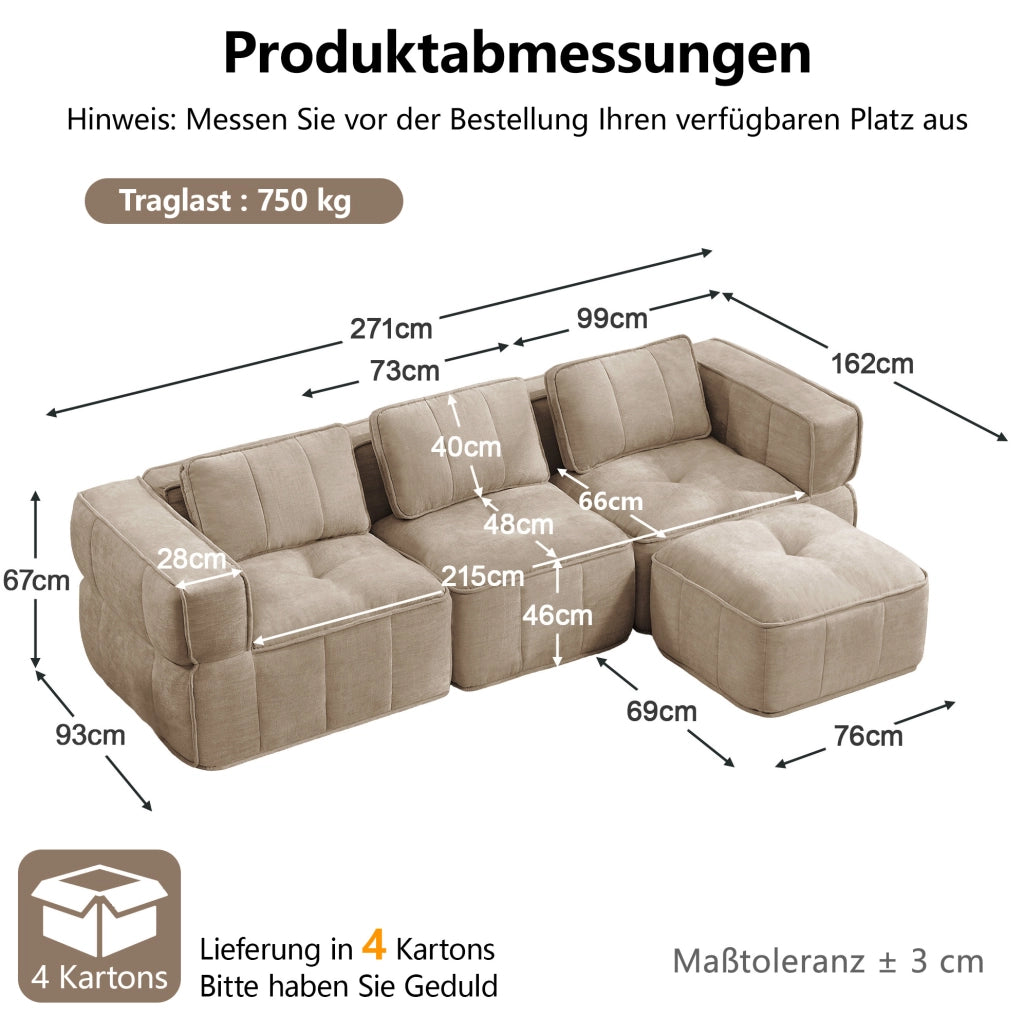 Divano modulare angolare 3 posti con pouf 271x162x67 cm in poliestere color sabbia