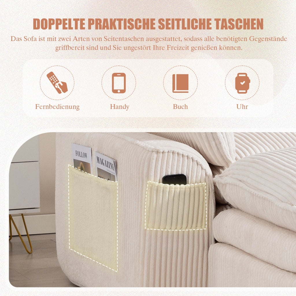 DIVANO MODULARE 4 POSTI 335x167x85 cm Corduroy Beige con 2 Pouf