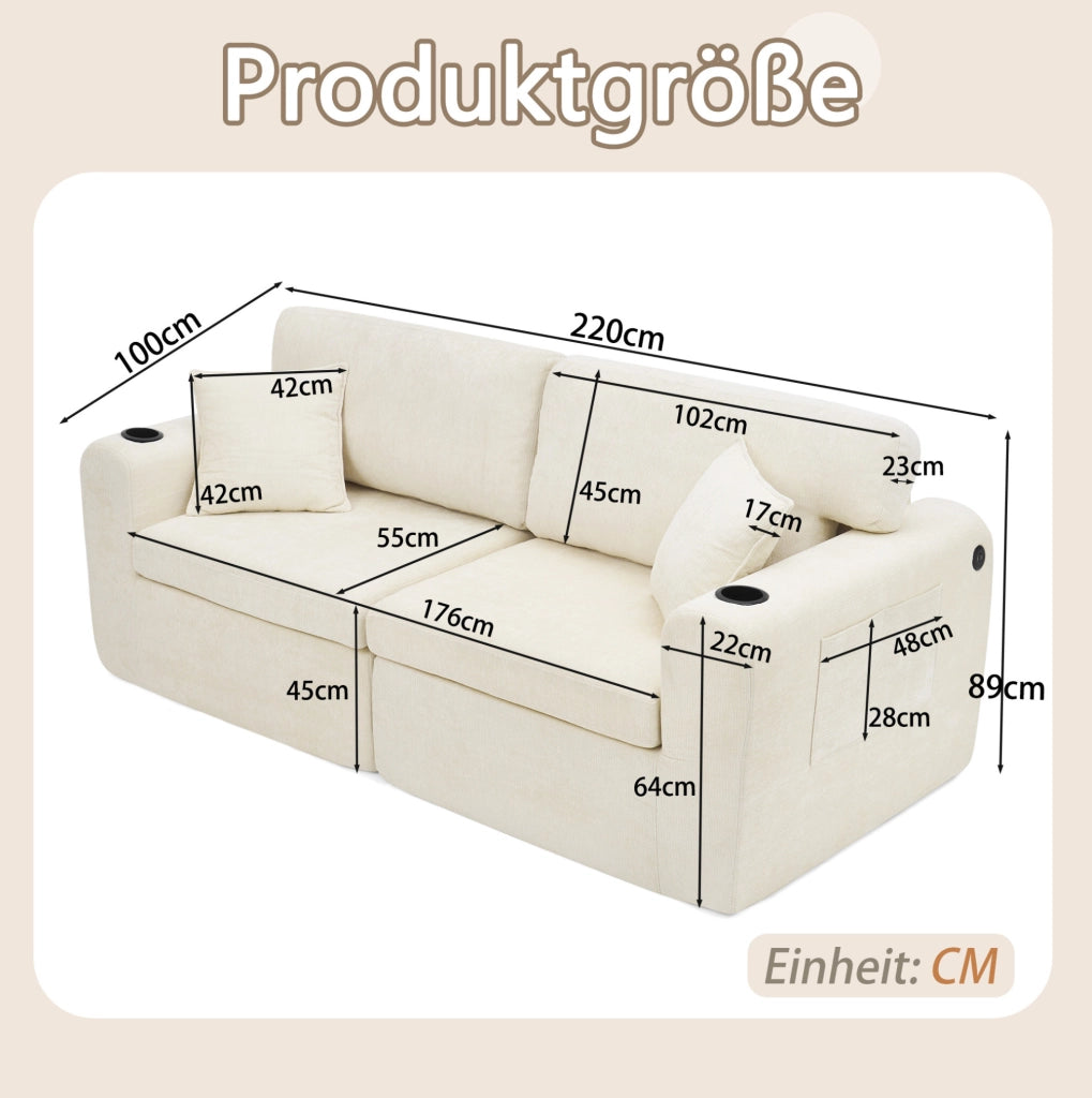 Divano 2 posti relax in chenille con USB; tasche laterali e portabicchieri; beige