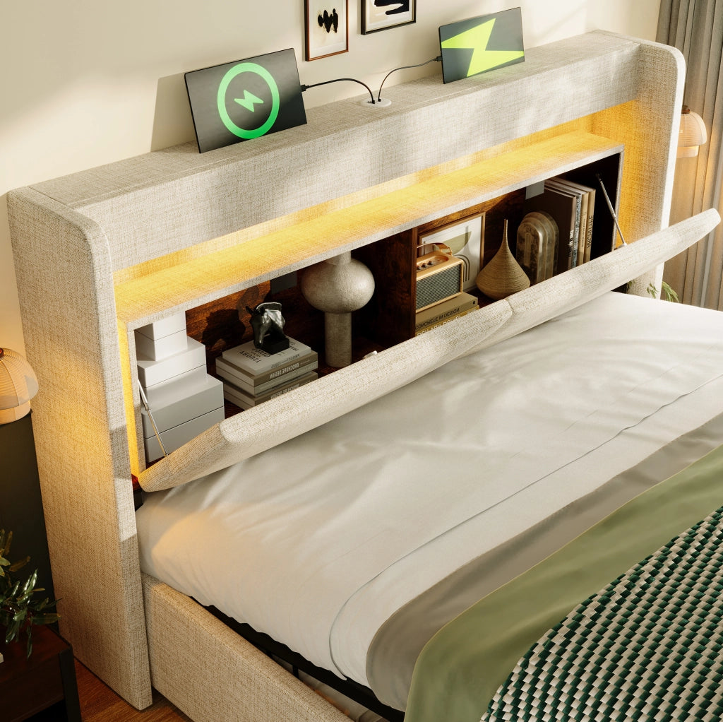 Letto imbottito 140x200 cm con contenitore idraulico; LED e porte USB; beige