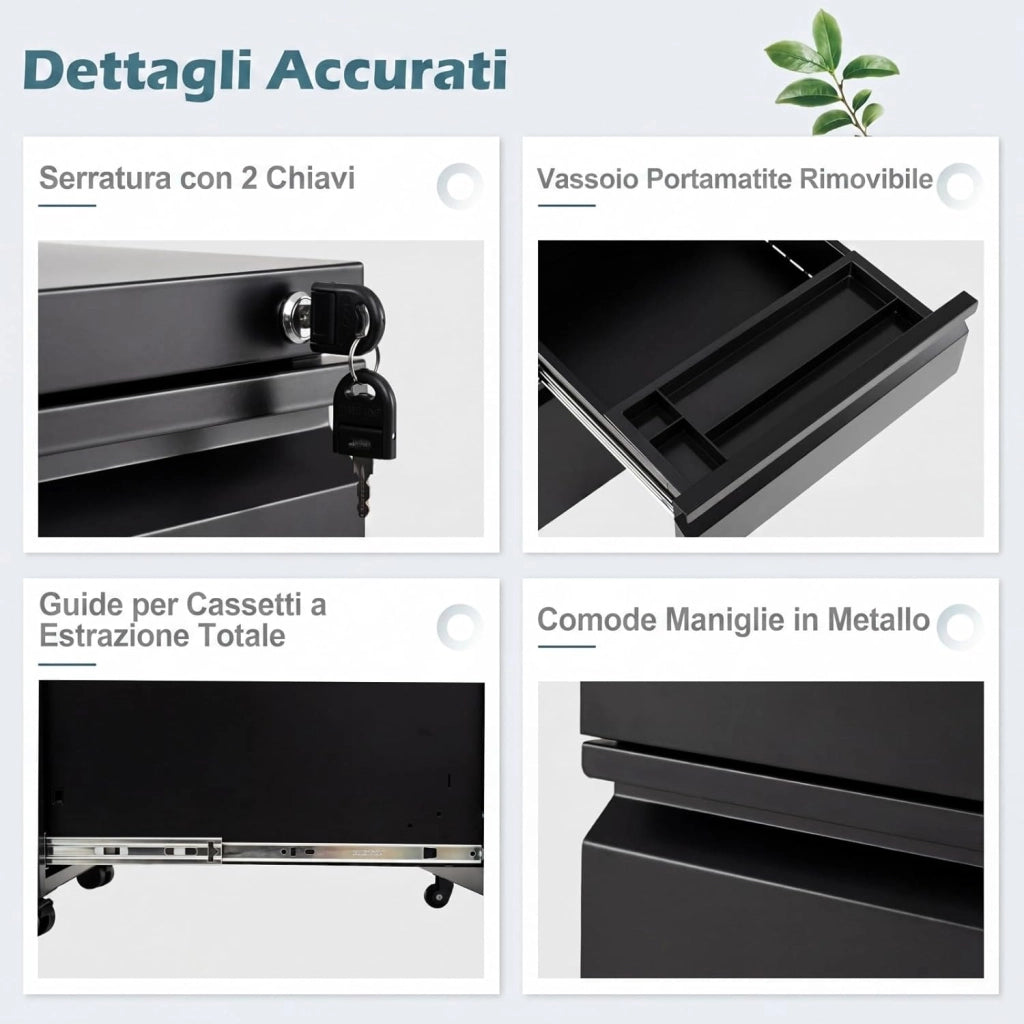 Cassettiera da Ufficio a 3 Cassetti, Mobiletto per Documenti con 5 Ruote e Serratura, Schedario da Ufficio in Acciaio per File Formato A4, Letter e Legal, 37 x 44 x 60,5 cm