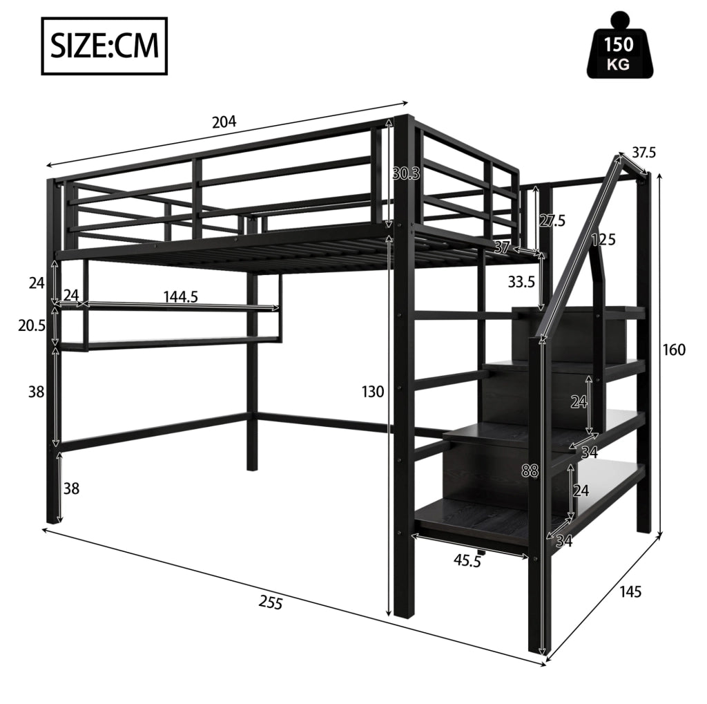 Letto a soppalco ULEVR 140x200 cm con ripiani, scala contenitore e sponde di sicurezza, nero
