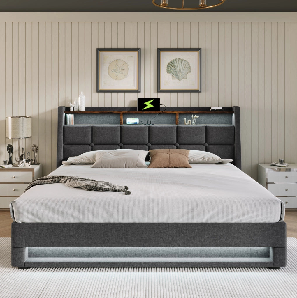 Letto imbottito 160 x 200 cm con LED, USB e materasso a molle