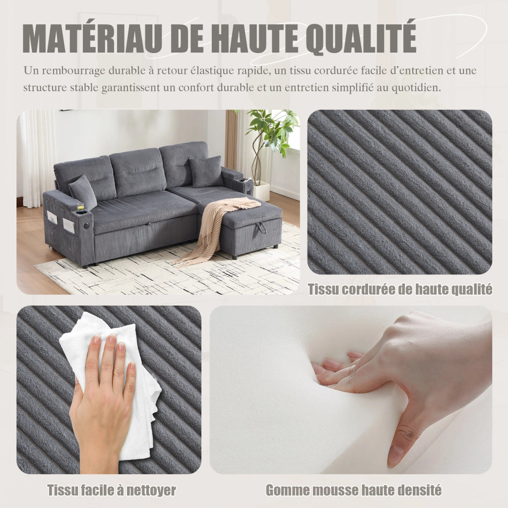 Divano letto 3 posti in velluto a coste grigio con chaise longue contenitore, USB-C e portabicchieri