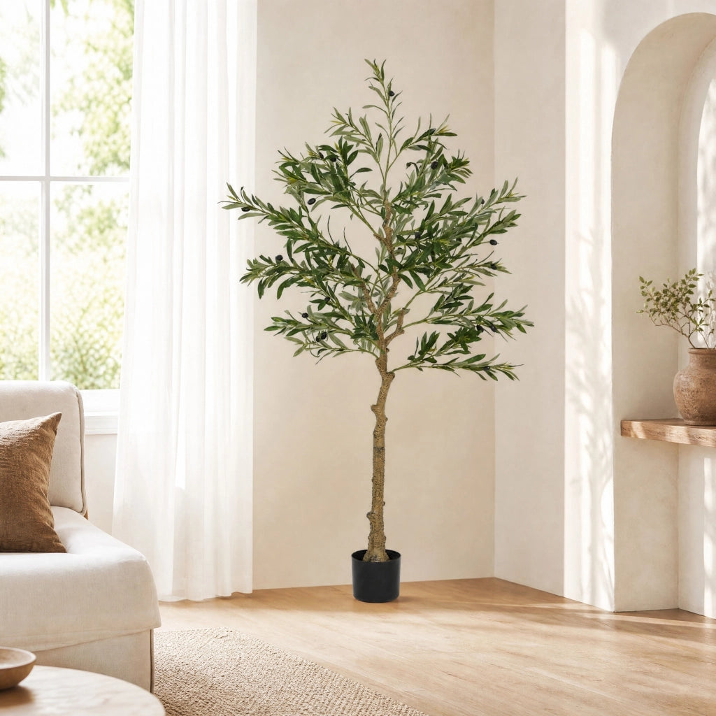 Ulivo artificiale 100x18x18 cm con 720 foglie e 32 olive in plastica verde