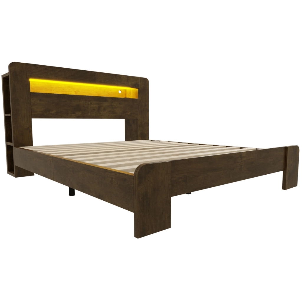 Letto matrimoniale 140x200 cm in legno con testiera contenitore; LED e prese integrate; effetto vintage