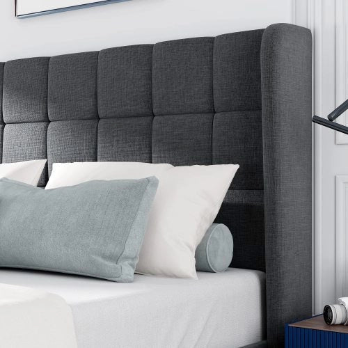Letto in legno 140x200 - Xylo - Colore grigio, materiale lino, testiera morbida
