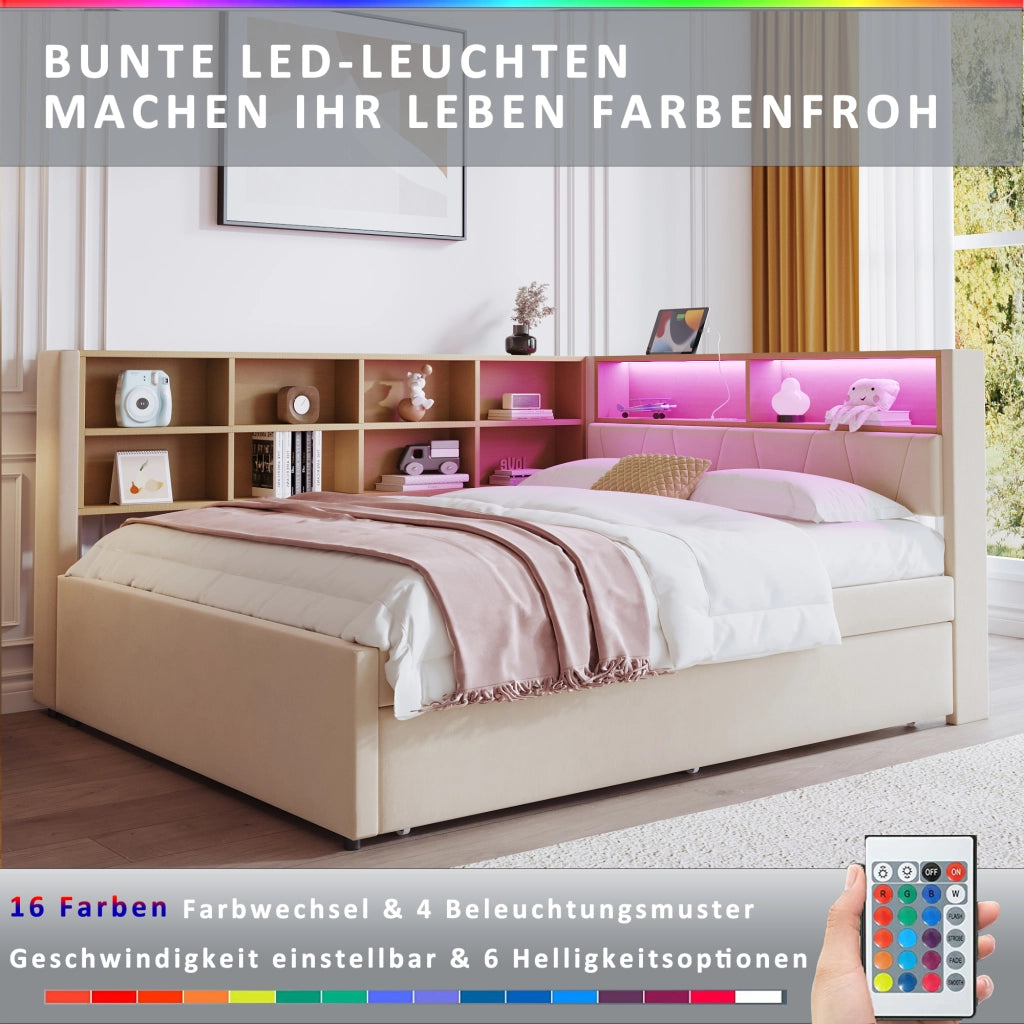 Letto estraibile matrimoniale 140×200 cm e 90×190 cm con LED; USB; Type-C e vani portaoggetti; senza materasso; beige
