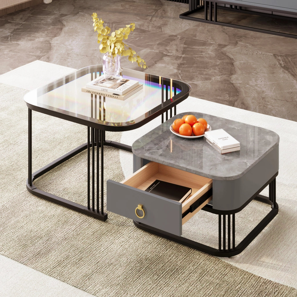 Tavolini da salotto 60x60x44.5 cm e 50x50x34.5 cm; design modulare con cassetti; MDF; nero