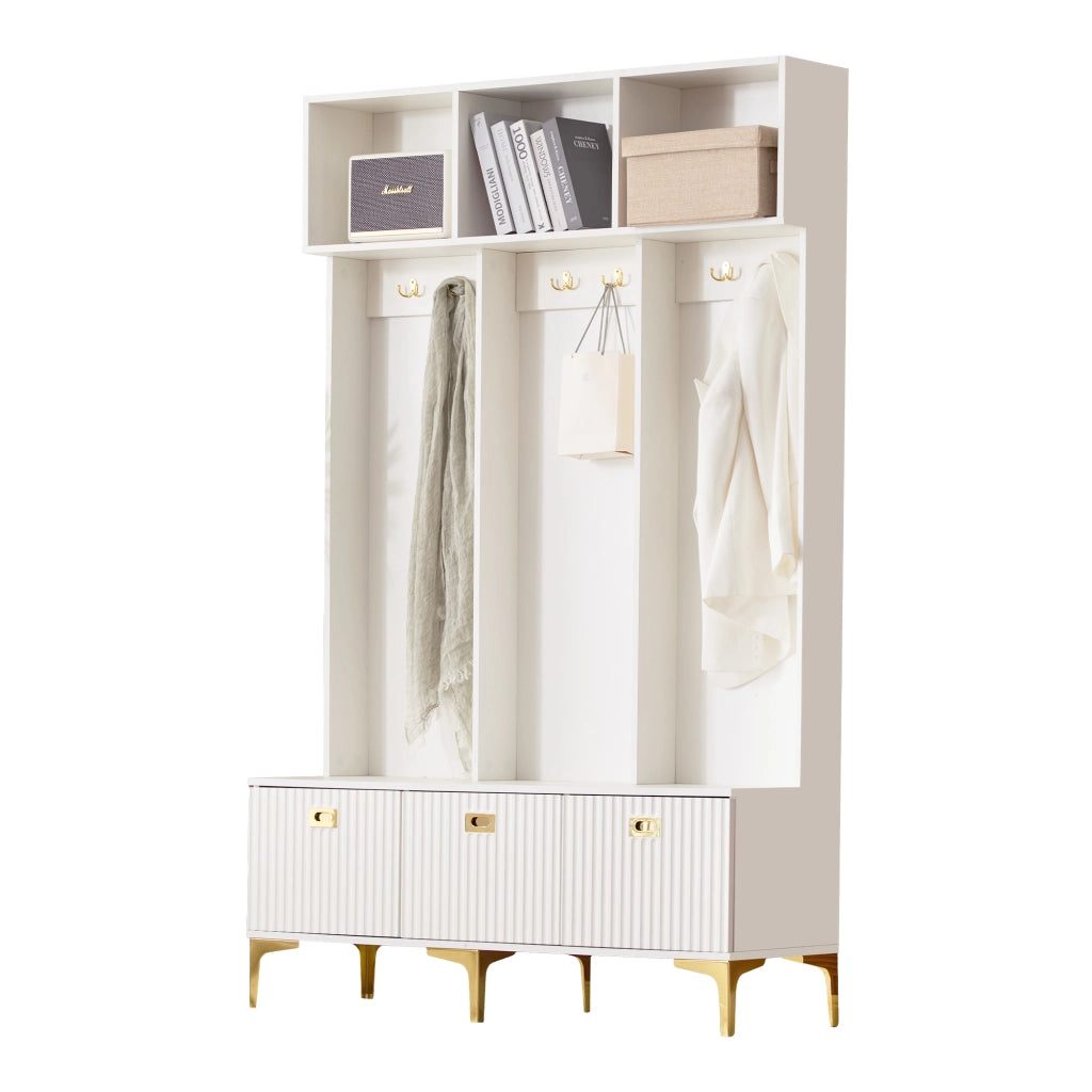 Mobile da ingresso con panca, 6 ganci e vani aperti, ante scanalate, per ingresso, bianco, 120 × 40 × 191 cm