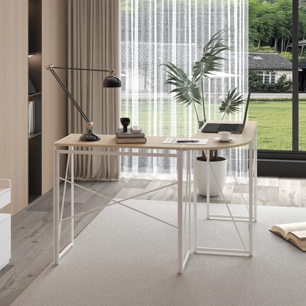 Scrivania angolare in metallo e legno con struttura robusta e piano ampio, per studio e home office, rovere bianco
