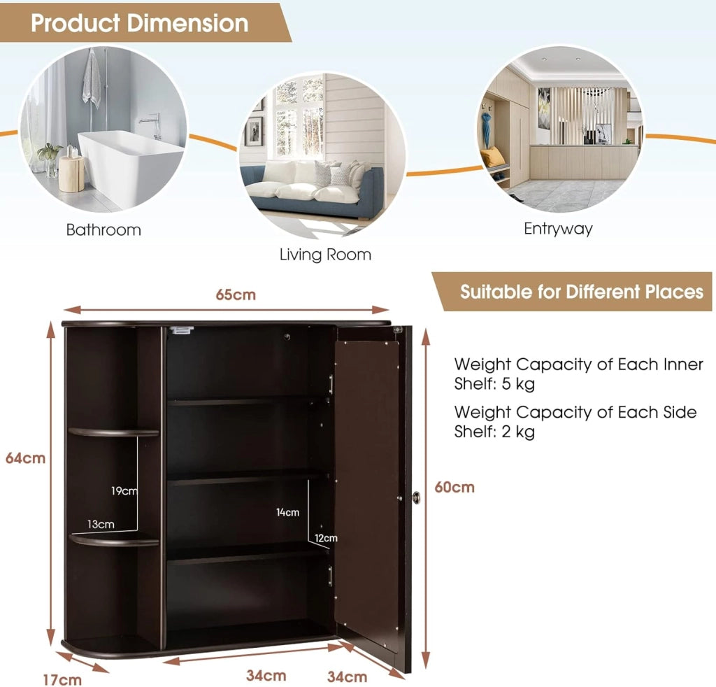 Armadietto Bagno a Parete, Mobiletto Pensile con Ante di Specchio, 6 Scomparti Laterali e 4 Ripiani di Stoccaggio, 3 Colori Disponibili, 65x17x64cm (Marrone)