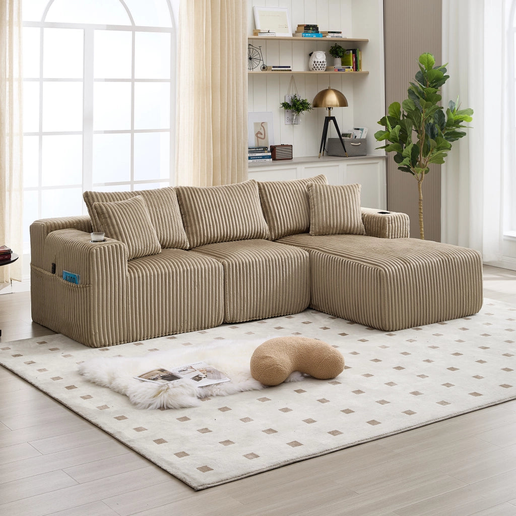Divano modulare con chaise longue e 2 posti, rivestimento in corduroy, 5 cuscini, tasche laterali e portabicchieri