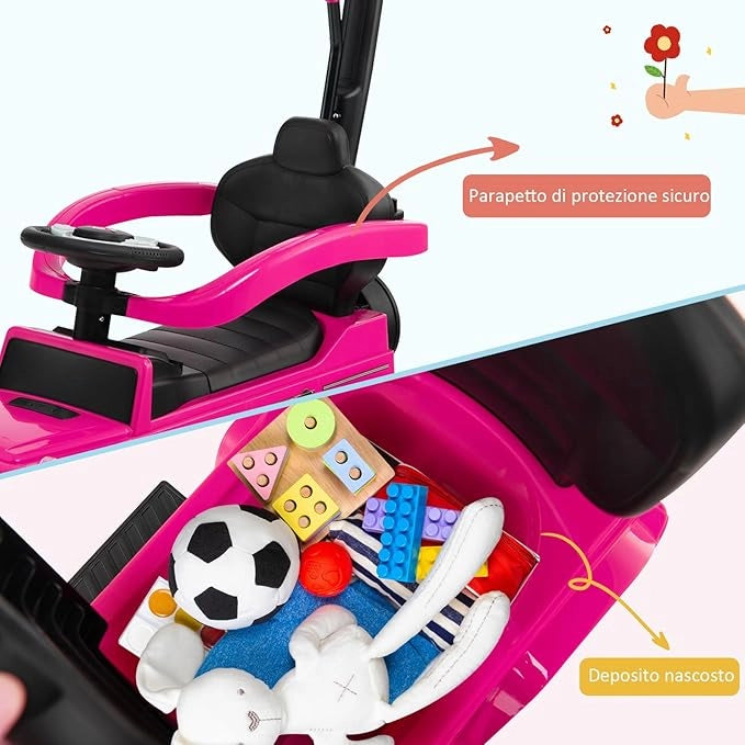 Auto a Spinta per Bambini, Macchina Cavalcabile a Spinta con Tettuccio Regolabile Maniglia per Genitori Paracolpi, Ideale per Bambini 12-36 Mesi (Rosa)