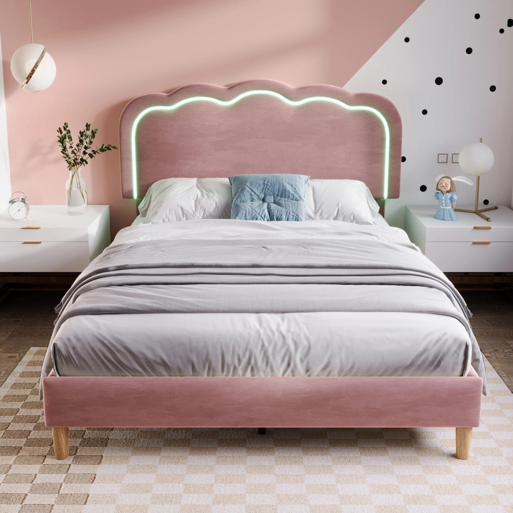 Letto 140 x 200 cm con Testiera Regolabile; LED e Rivestimento in Velluto - Rosa