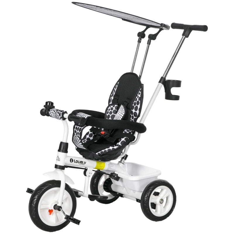 Triciclo Bambini 6-in-1 con Maniglia Spinta, Tetto, Cintura e Cesto Portaoggetti, per 1-5 Anni, Bianco