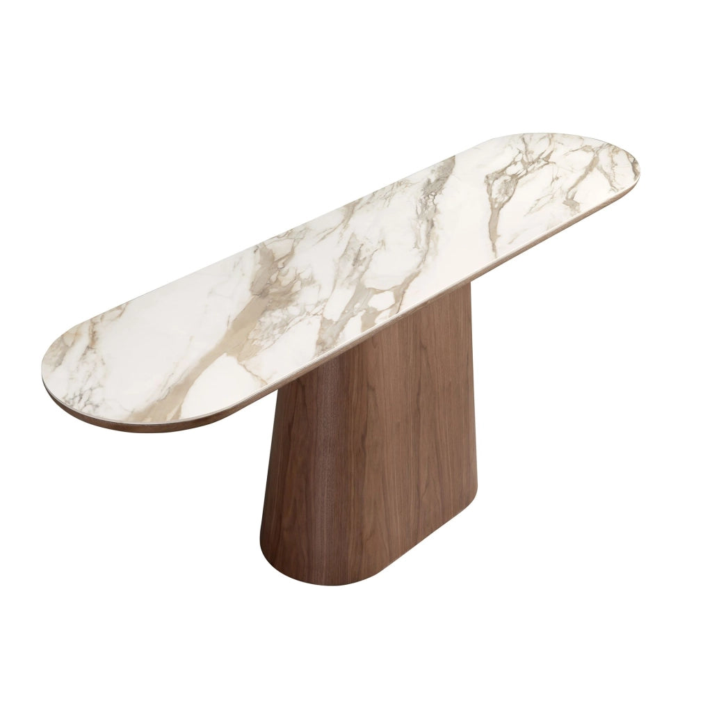 Consolle ovale semicircolare in marmo porcellanato e noce