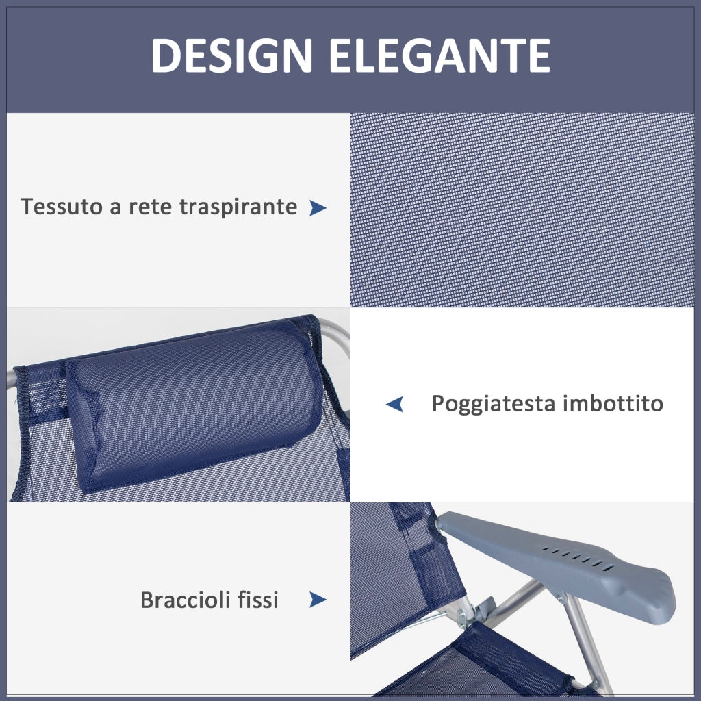 Set 2 Sedie da Pesca Pieghevoli e Reclinabili 6 Livelli 62x65x80 cm in Alluminio e Tessuto Blu Scuro