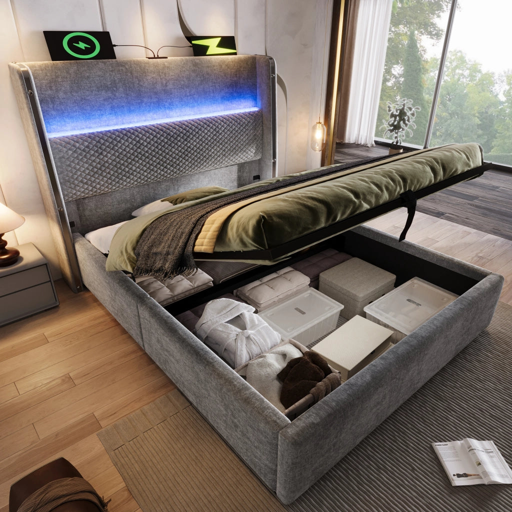 OKWISH Letto Contenitore 90×200 cm, Letto Singolo con LED Regolabile, USB, Type C e Testiera Alta, senza Materasso, Lino, Grigio