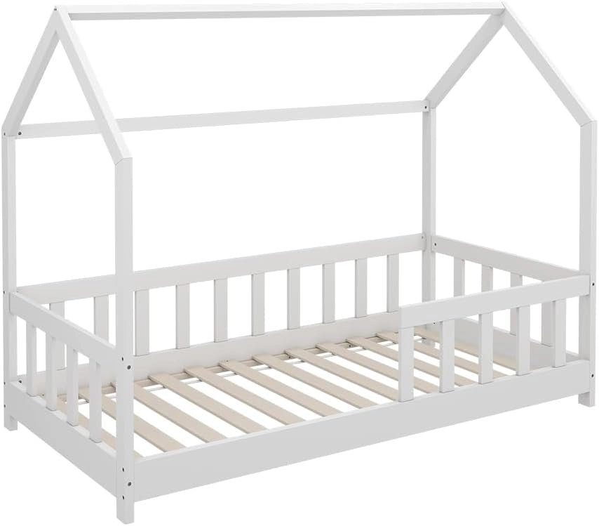 Letto montessori bambini Michelle, Bianco, 70x140 cm con protezione anticaduta, adatto per materassi 70x140 cm, combinabile con accessori